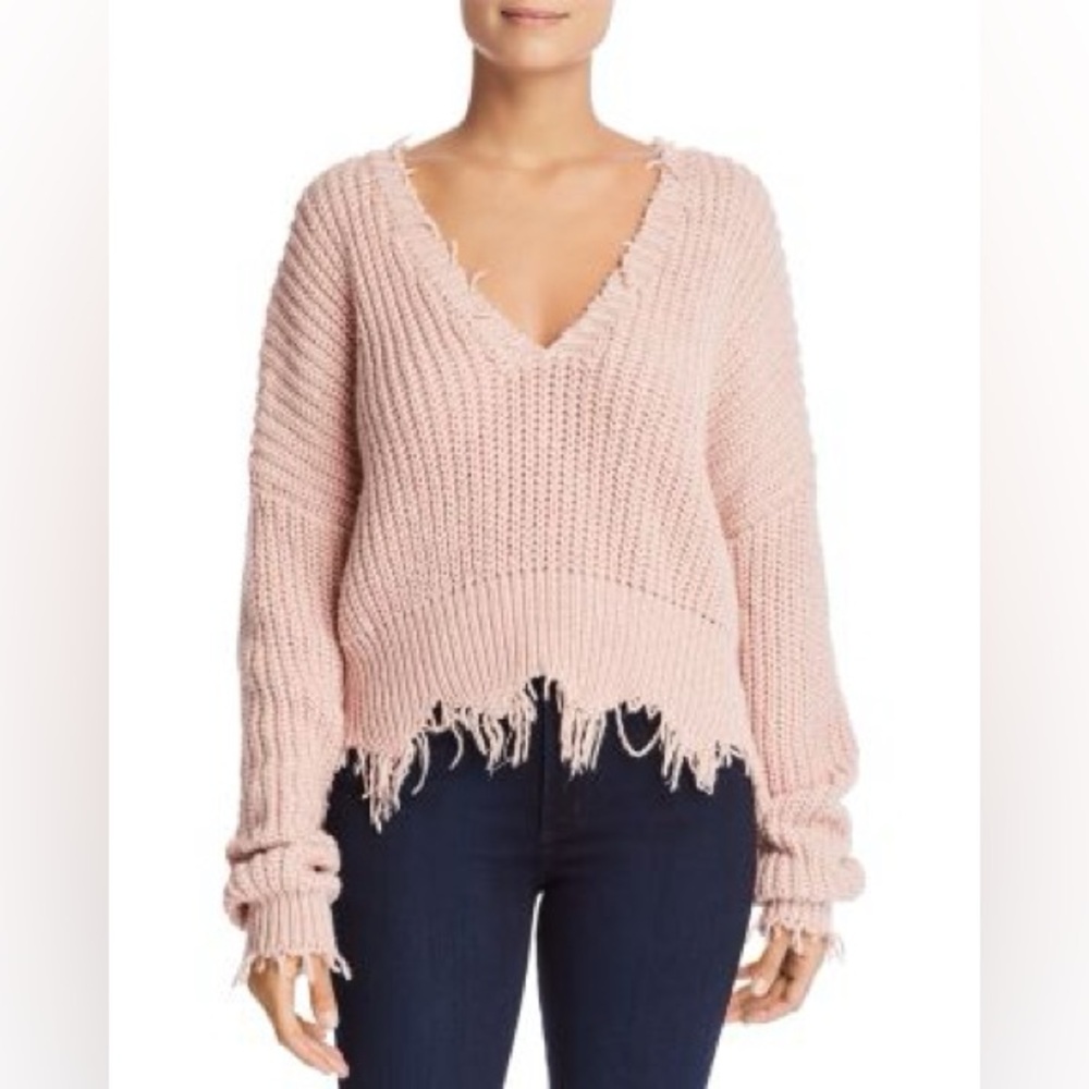 ELAN Distressed V-Neck Sweater Size SMALL in Natural